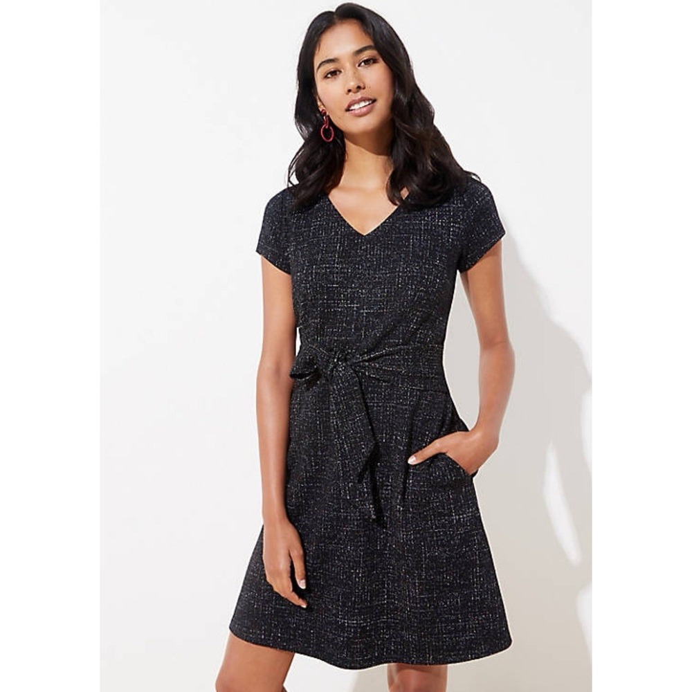 LOFT Women's Plus Sz 16 Dress Black Short Sleeve Belted Tie V-neck‎ Stretch Knit